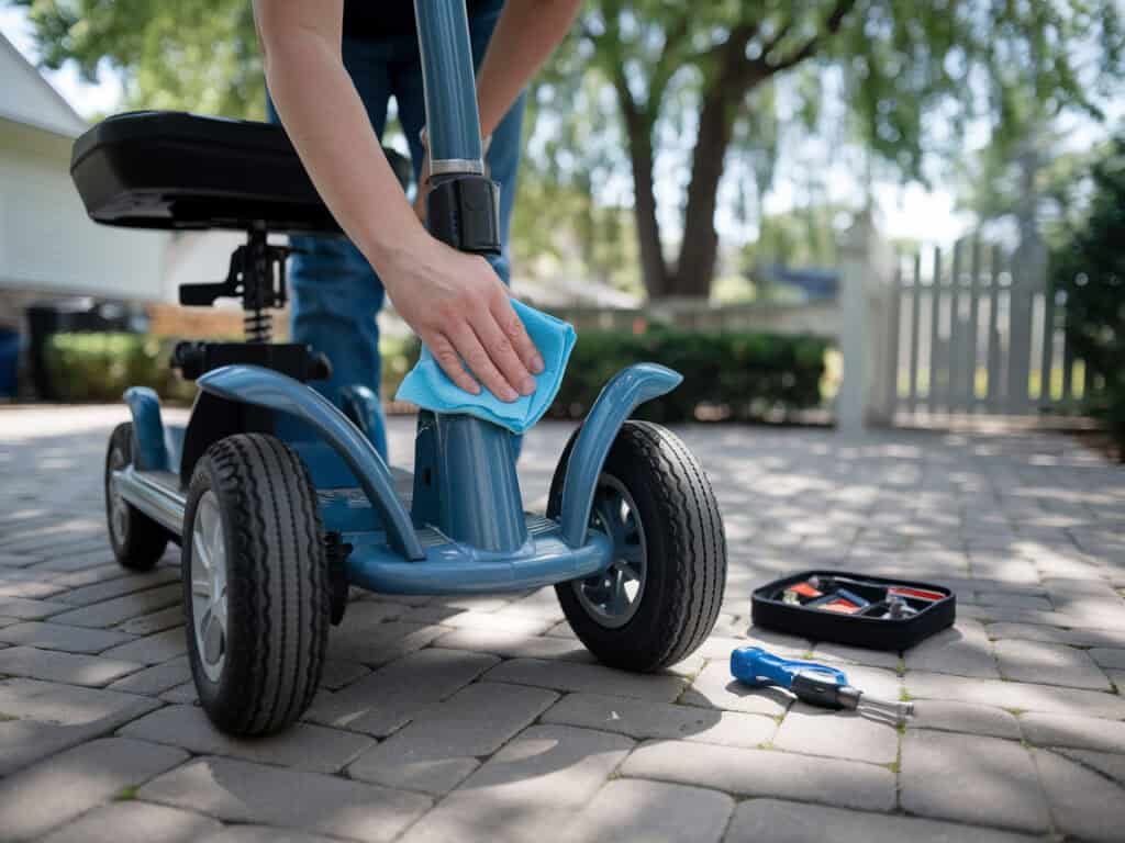 אדם מנקה ובודק קלנועית עם כלי תחזוקה ליד הגלגלים