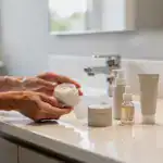 מוצרי טיפוח וקוסמטיקה מסודרים על שידת אמבטיה